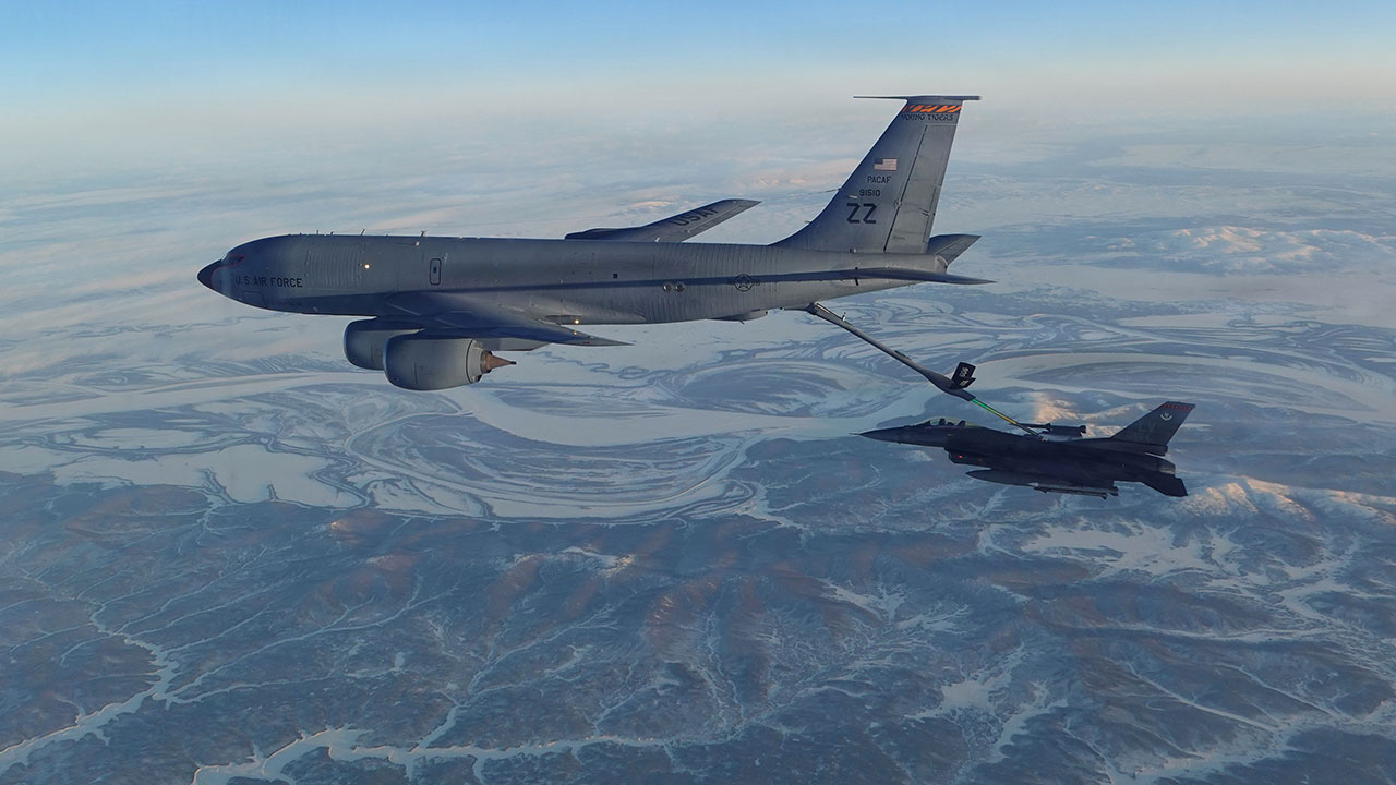 This photo provided by the U.S. Department of Defense shows a North American Aerospace Defense Command F-16 fighter refueling from a KC-135 Stratotanker over western Alaska on Thursday, Feb. 19, 2026.
