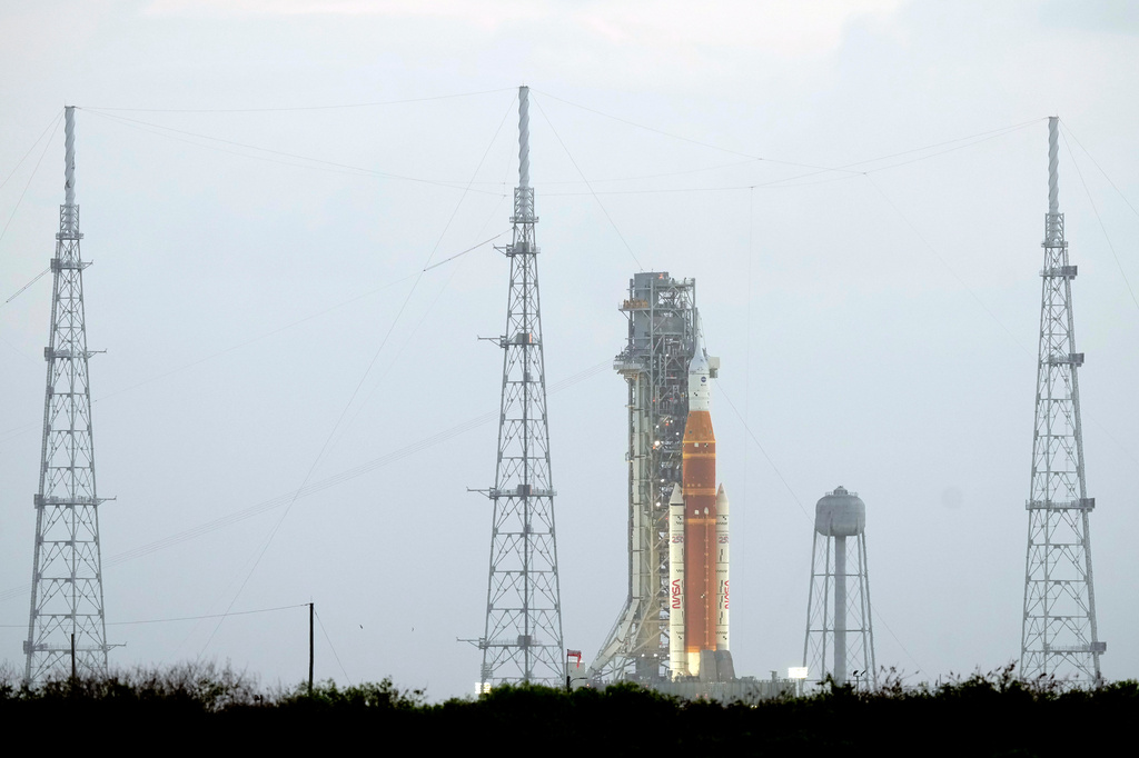 NASA's Artermis II moon rocket sits on Launch Pad 39-B at the Kennedy Space Center hours ahead of a planned launch attempt Wednesday, April 1, 2026, in Cape Canaveral, Fla. 