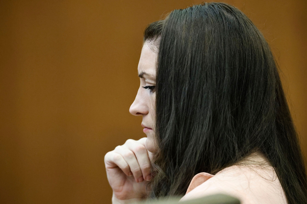 Defendant Lindsay Clancy wipes away tears as she listens to testimony during the Lindsay Clancy murder trial in Plymouth Superior Court, Plymouth, Mass., on Tuesday, Aug. 25, 2026.