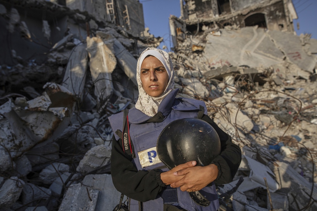 Freelance journalist Mariam Dagga, 33, who had been working with the Associated Press and other outlets since the start of the Gaza war, poses for a portrait in Khan Younis, southern Gaza Strip.