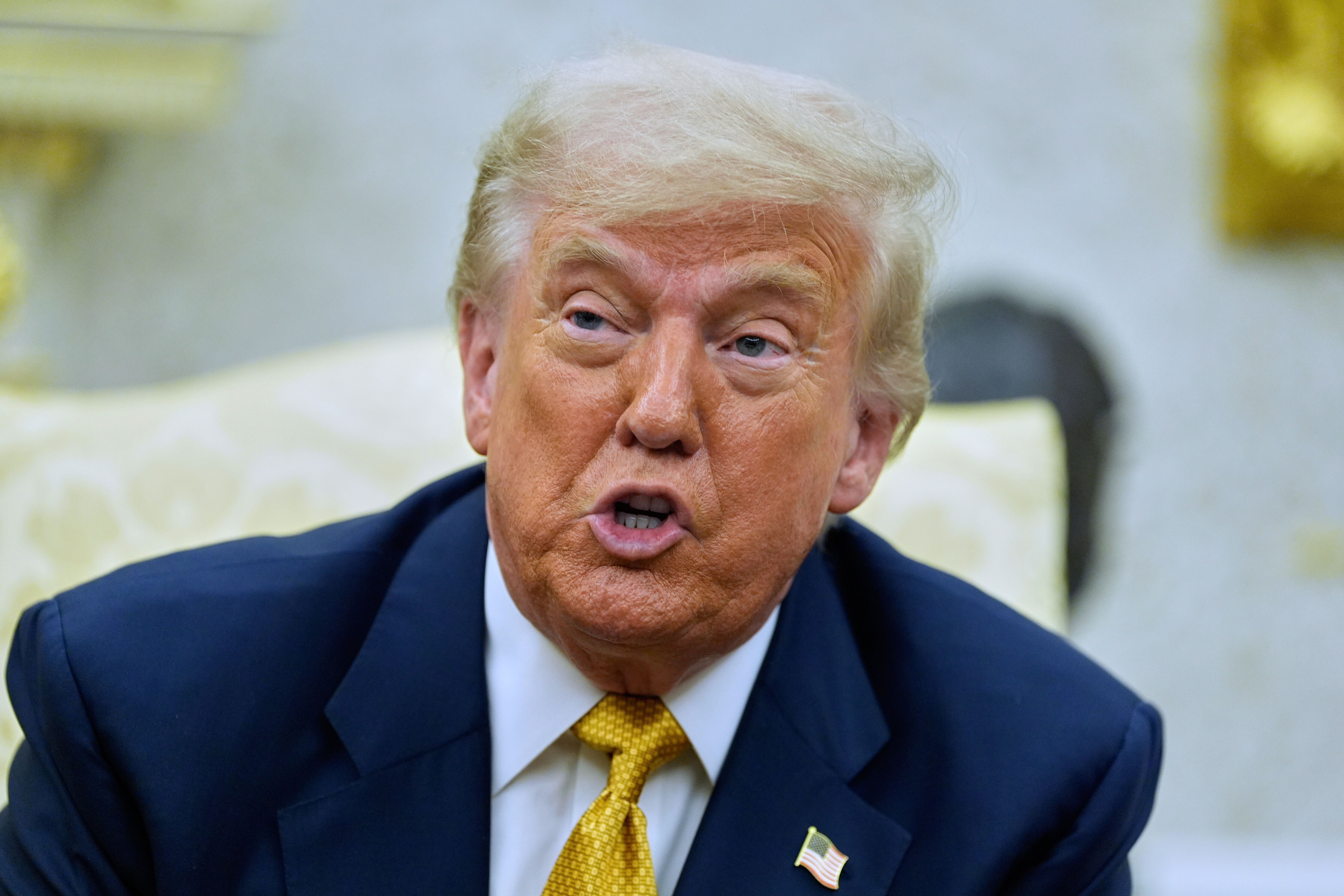 President Donald Trump speaks during a meeting with Bahrain's Crown Prince Salman bin Hamad Al Khalifa in the Oval Office of the White House, Wednesday, July 16, 2025, in Washington. 