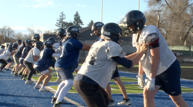 Glacier lineman going through drills at practice, Kalispell
