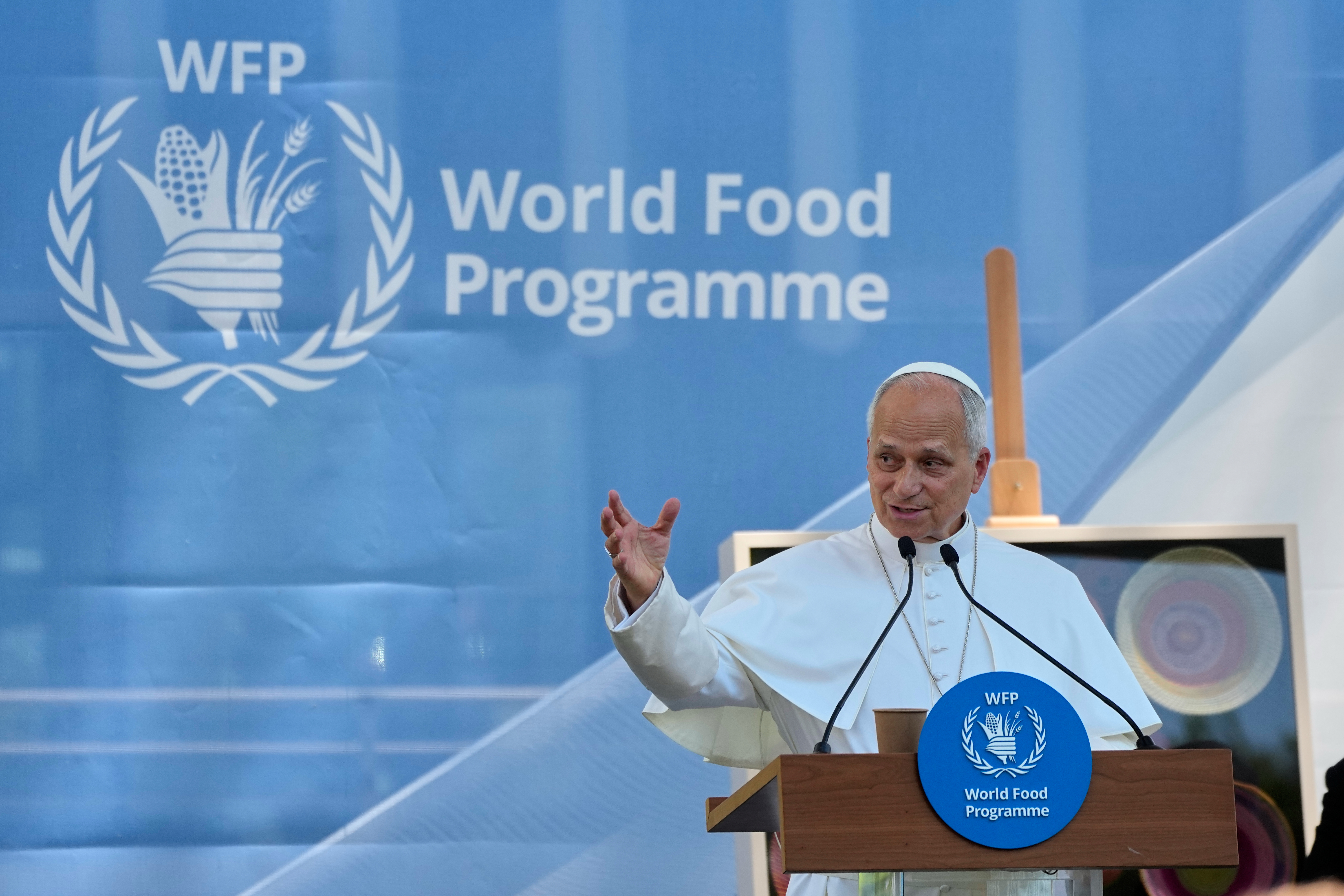 Pope Leo XIV speaks during a meeting with the employees of the United Nations World Food Programme in Rome, Monday, June 22, 2026. 
