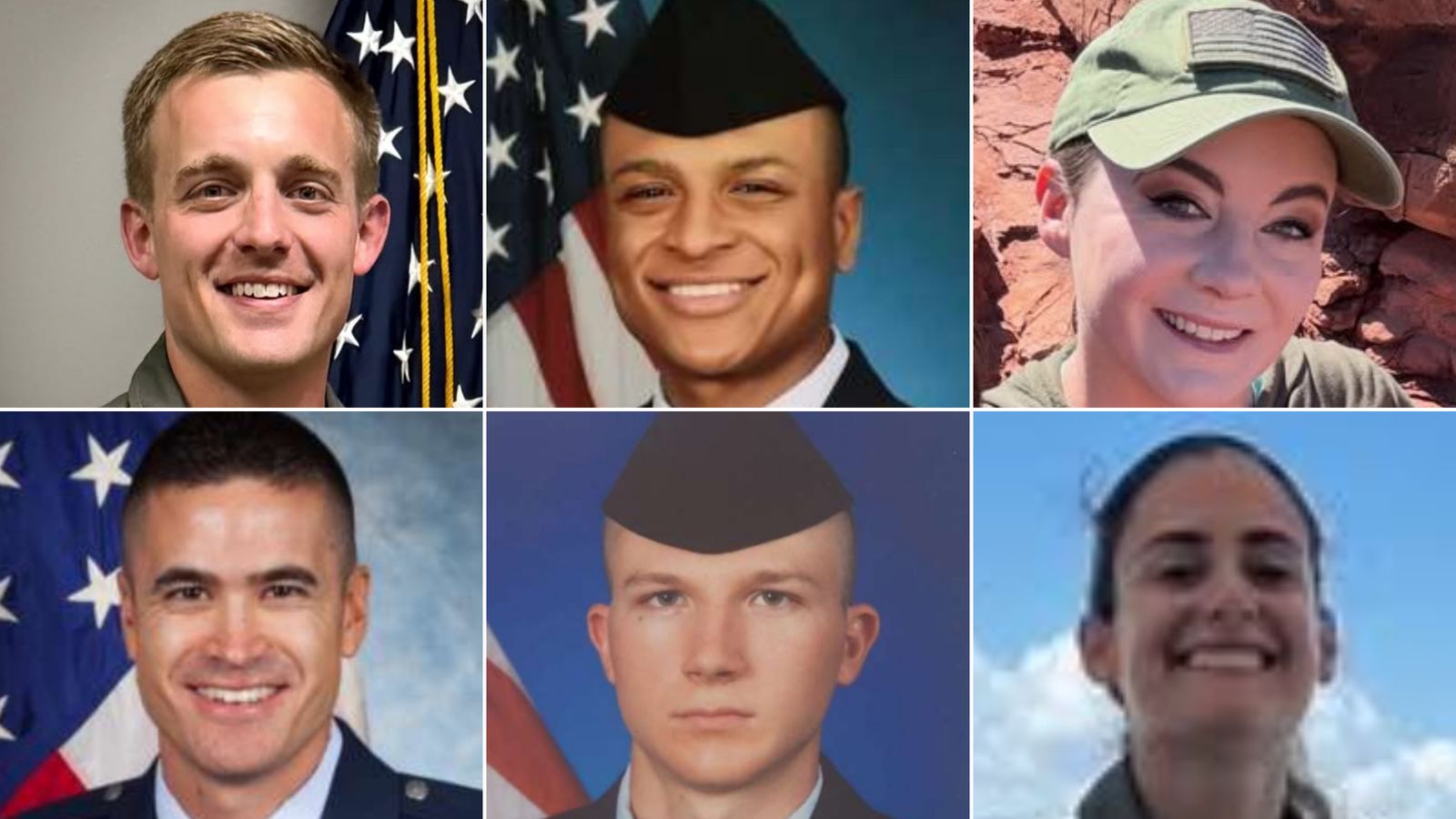 This combination of images shows left to right: Maj. John A. Klinner, 33, of Auburn, Alabama, Tech. Sgt. Tyler H. Simmons, 28, of Columbus, Ohio, Tech. Sgt. Ashley B. Pruitt, 34, of Bardstown, Kentucky, Capt. Seth R. Koval, 38, of Mooresville, Indiana, Capt. Curtis J. Angst, 30, of Wilmington, Ohio, and Capt. Ariana G. Savino, 31, of Covington, Washington.