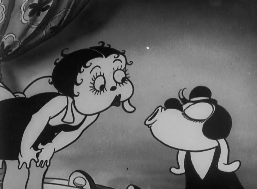 A snapshot from the animated short "Dizzy Dishes" that shows the first appearance of Betty Boop, who was originally depicted as an anthropomorphic poodle.