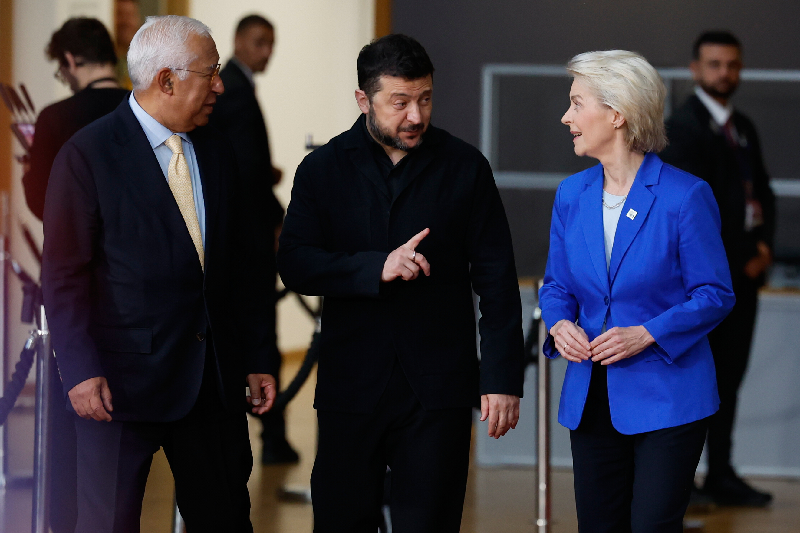 From left, European Council President Antonio Costa, Ukraine's President Volodymyr Zelenskyy and European Commission President Ursula von der Leyen arrive for the EU summit at the European Council building in Brussels, Friday, Oct. 16, 2026. 