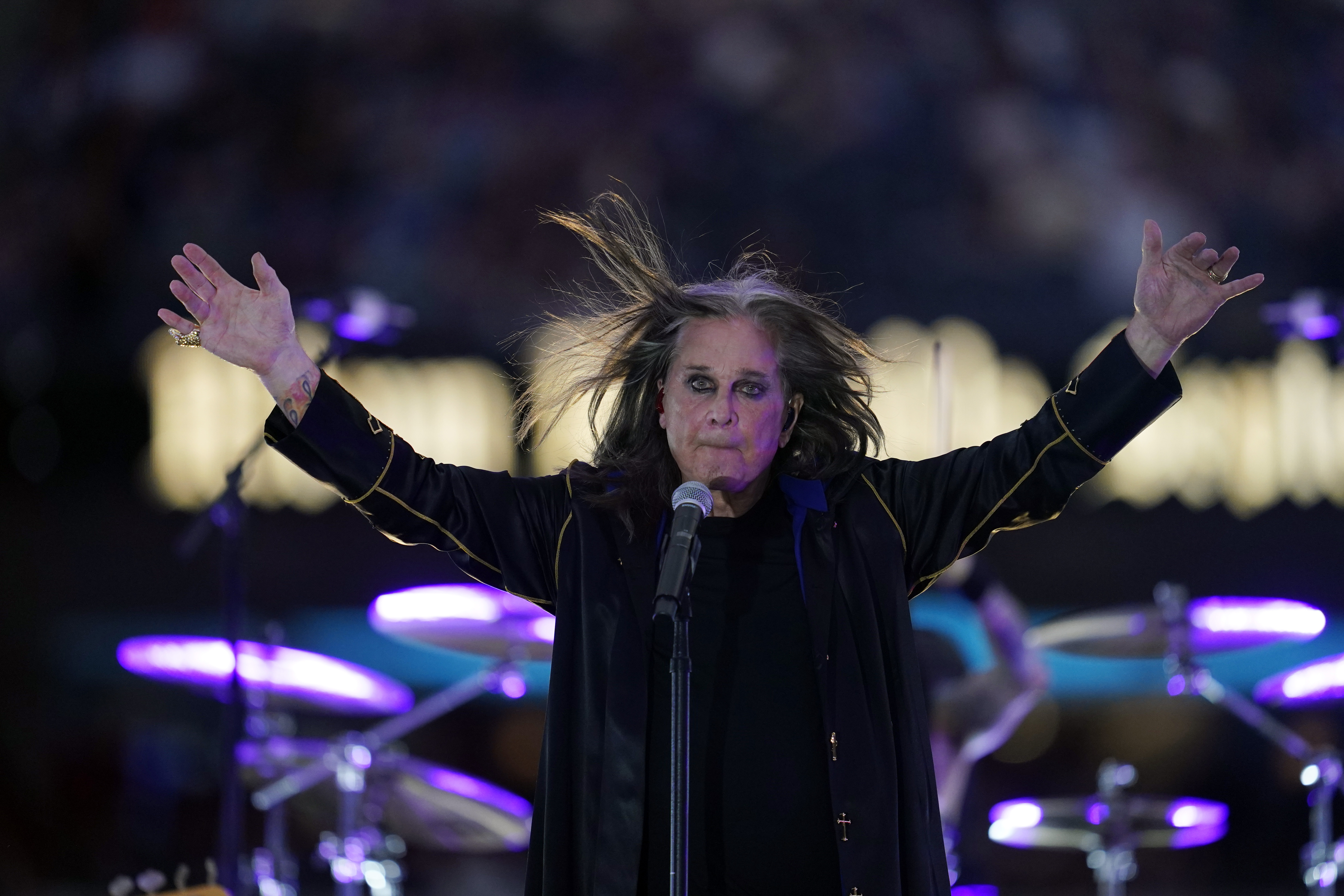 Singer Ozzy Osbourne performs during halftime of an NFL football game between the Los Angeles Rams and the Buffalo Bills Thursday, Sept. 8, 2022, in Inglewood, Calif. 