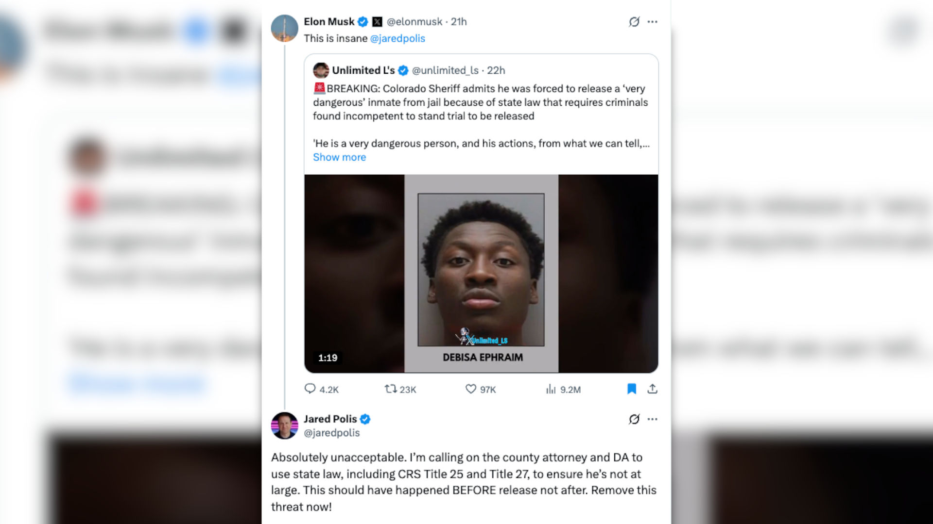 Governor Jared Polis responded to a post from Elon Musk calling the release of a Weld County inmate "unacceptable."