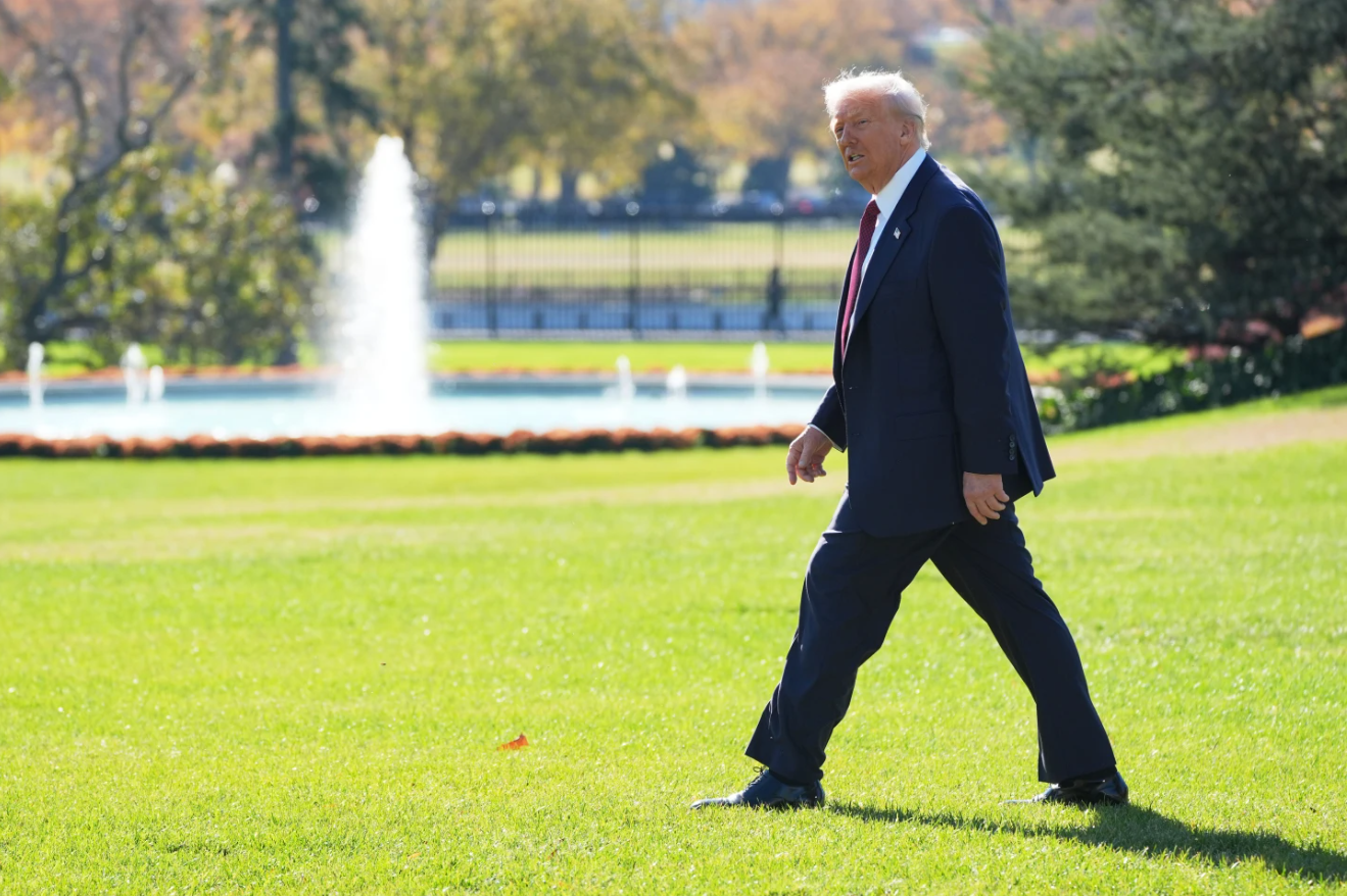 President Donald Trump walks out to board Marine One on the South Lawn of the White House, Wednesday, Nov. 5, 2025, in Washington.