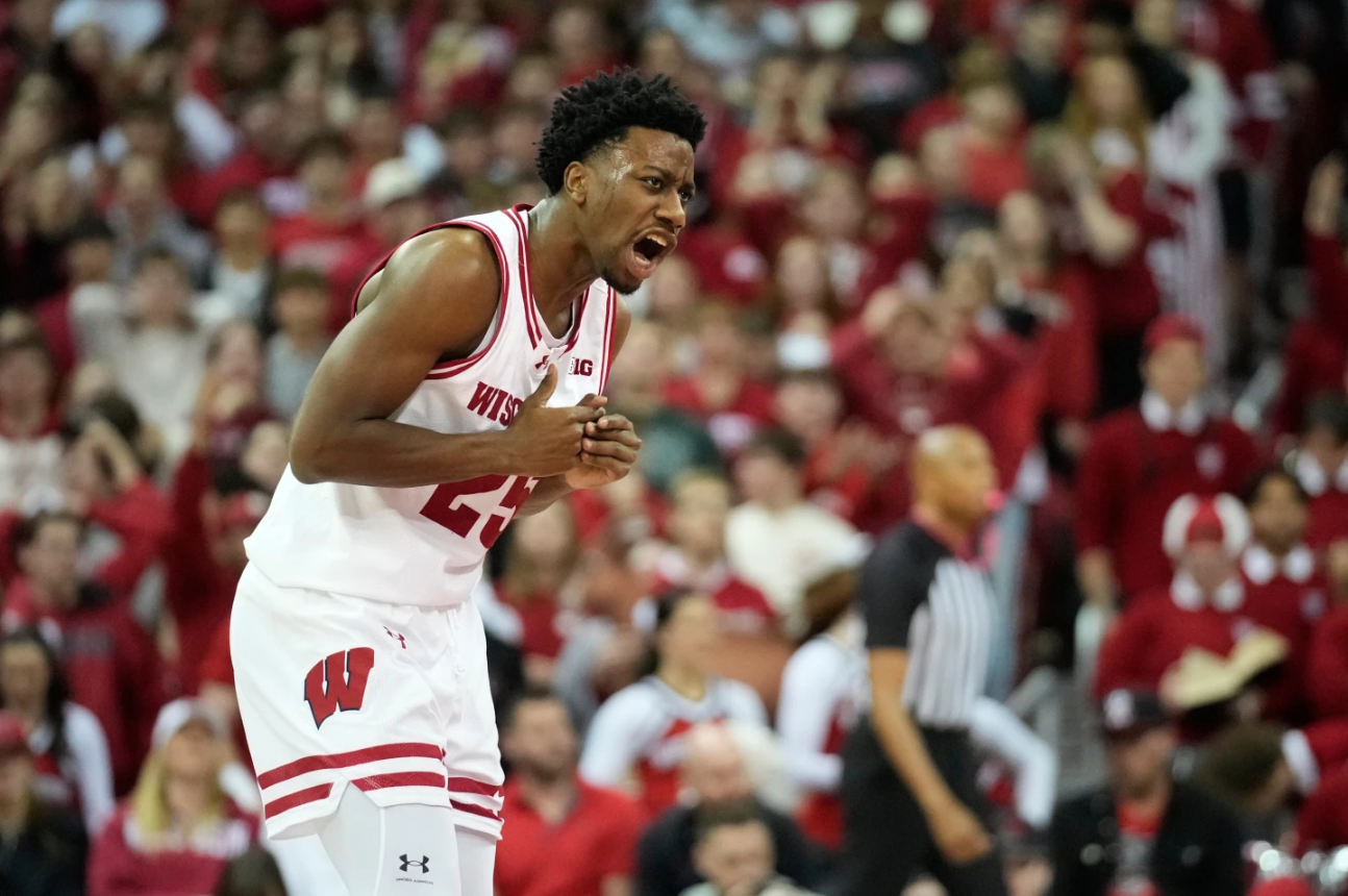 Wisconsin guard John Blackwell reacts to a foul call during the first half of an NCAA college basketball game against Ohio State Saturday, Jan. 31, 2026, in Madison.