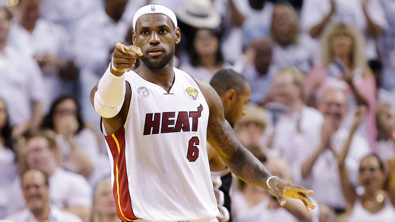 Miami Heat's LeBron James (6) gestures after a play against the San Antonio Spurs during the first half in Game 7 of the NBA basketball finals, Thursday, June 20, 2013, in Miami. (AP Photo/Lynne Sladky File)