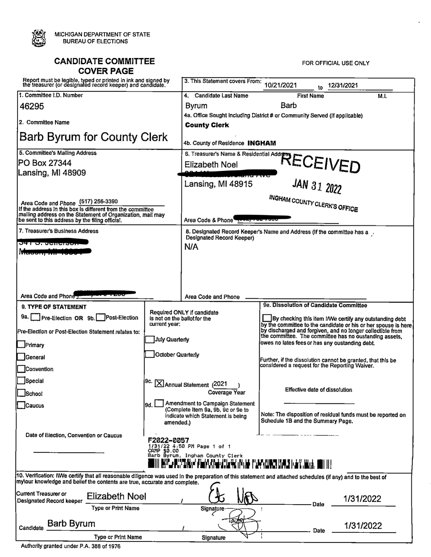 Barb Byrum January 2022 Campaign Finance Report