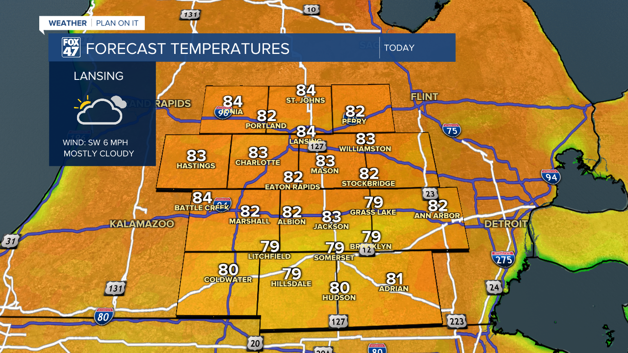 High temperatures today have a better chance to reach the mid to lower 80's with a mix of sun and clouds