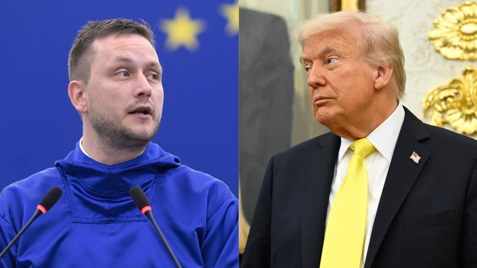 This combination of images shows Greenland Prime Minister Jens-Frederik Nielsen, left, and U.S. President Donald Trump, right.