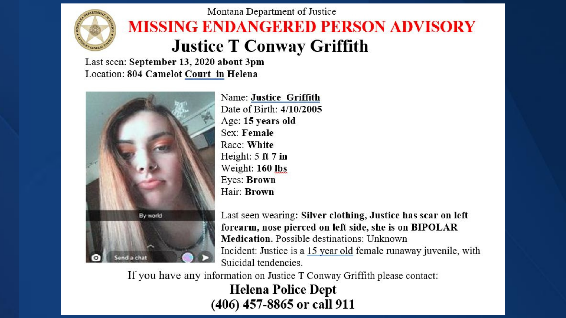 Missing Endangered Person Advisory Issued For Helena Teen