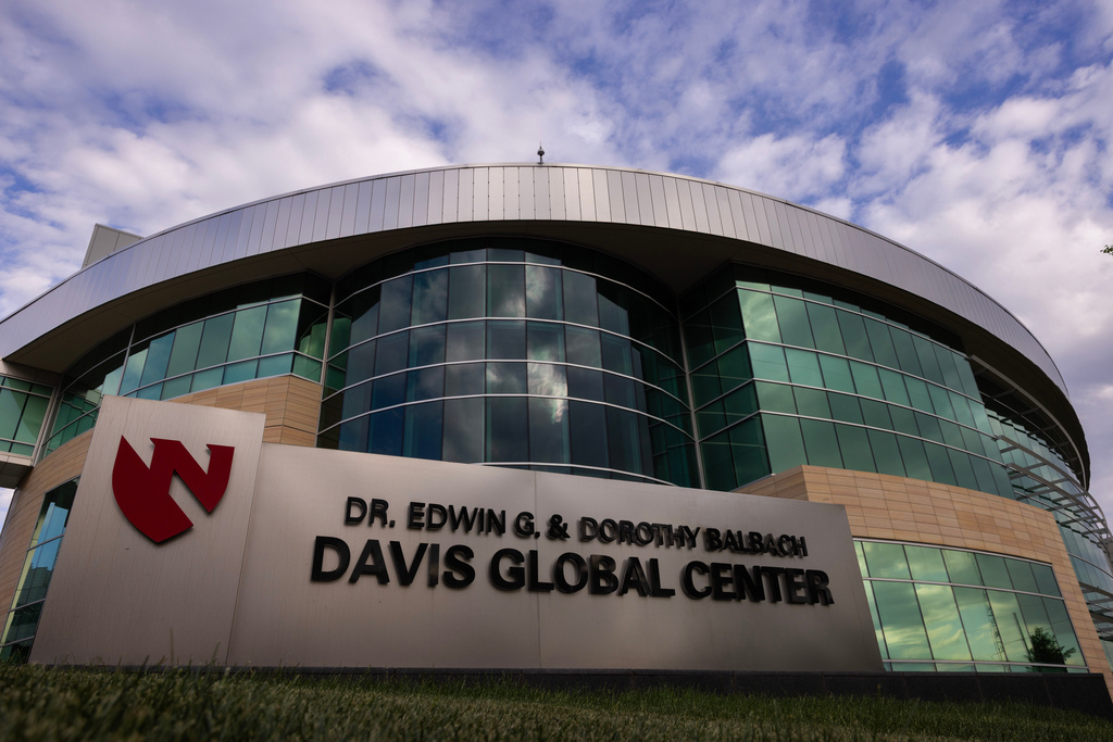 Nebraska Medicine's Davis Global Center is seen on Sunday, May 10,2026 in Omaha, Neb. where American passengers from the hantavirus-stricken cruise ship will quarantine. 