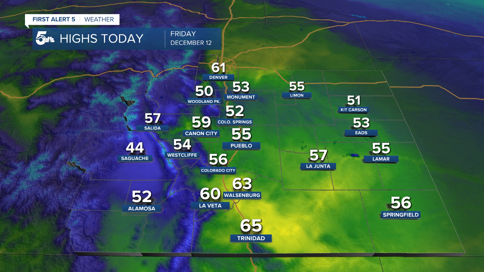 Highs in southern Colorado on Friday, 12/12/25