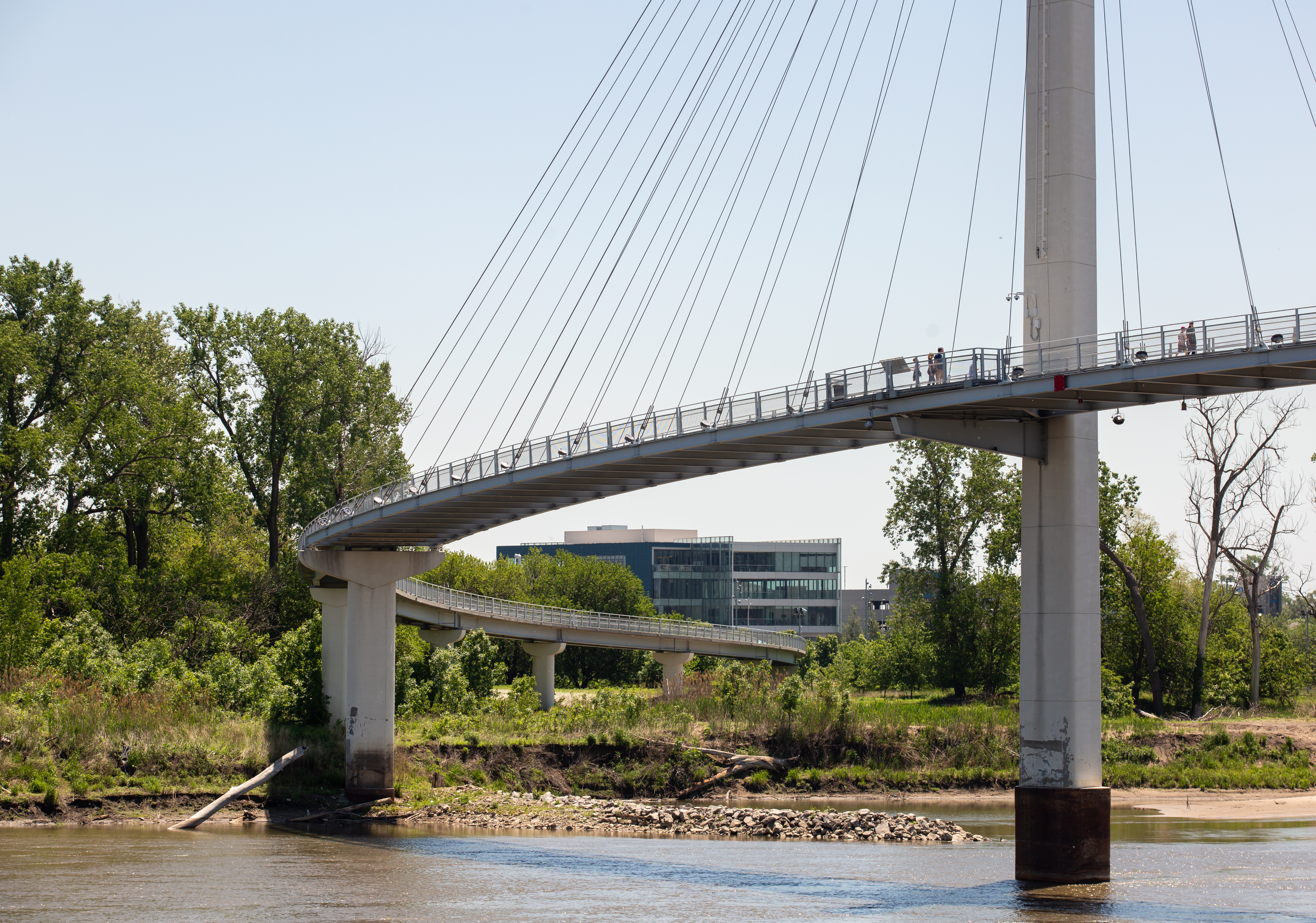 Bob Kerrey Pedestrian Bridge spans over the Missouri River from Omaha
