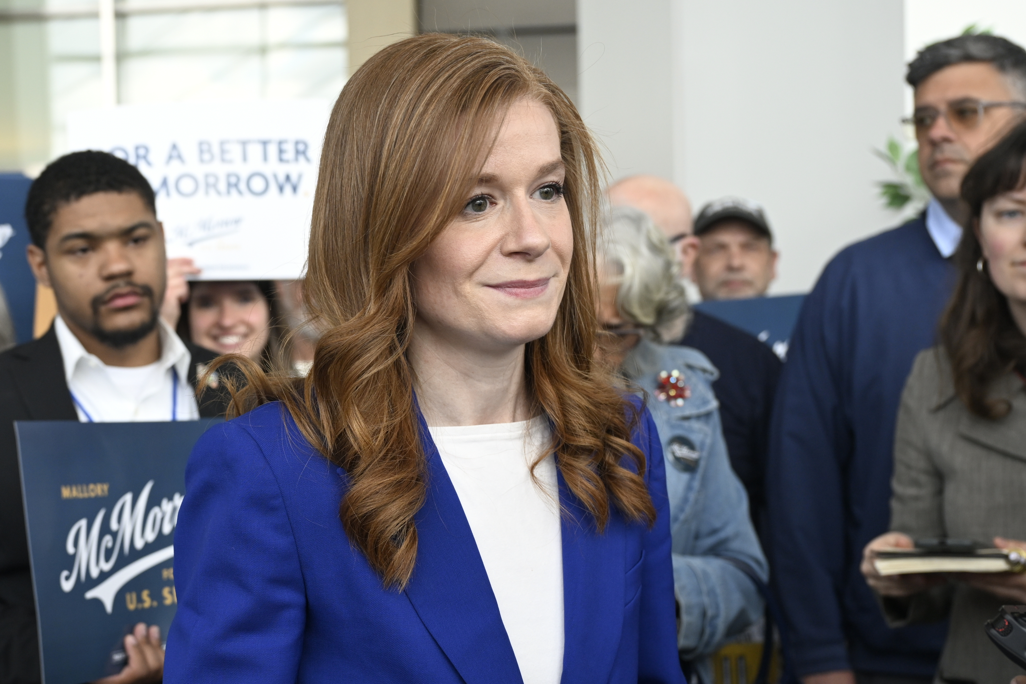 Michigan State Sen. Mallory McMorrow, D-Royal Oak, a candidate for the U.S. Senate, listens to questions from the media during the Michigan Democratic Party State Endorsement Convention, April 19, 2026, in Detroit.
