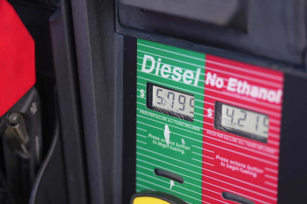 The price of a gallon of diesel fuel is shown electronically on a pump at a QuikTrip station Thursday, Oct. 1, 2026, in Greenwood Village, Colo. 