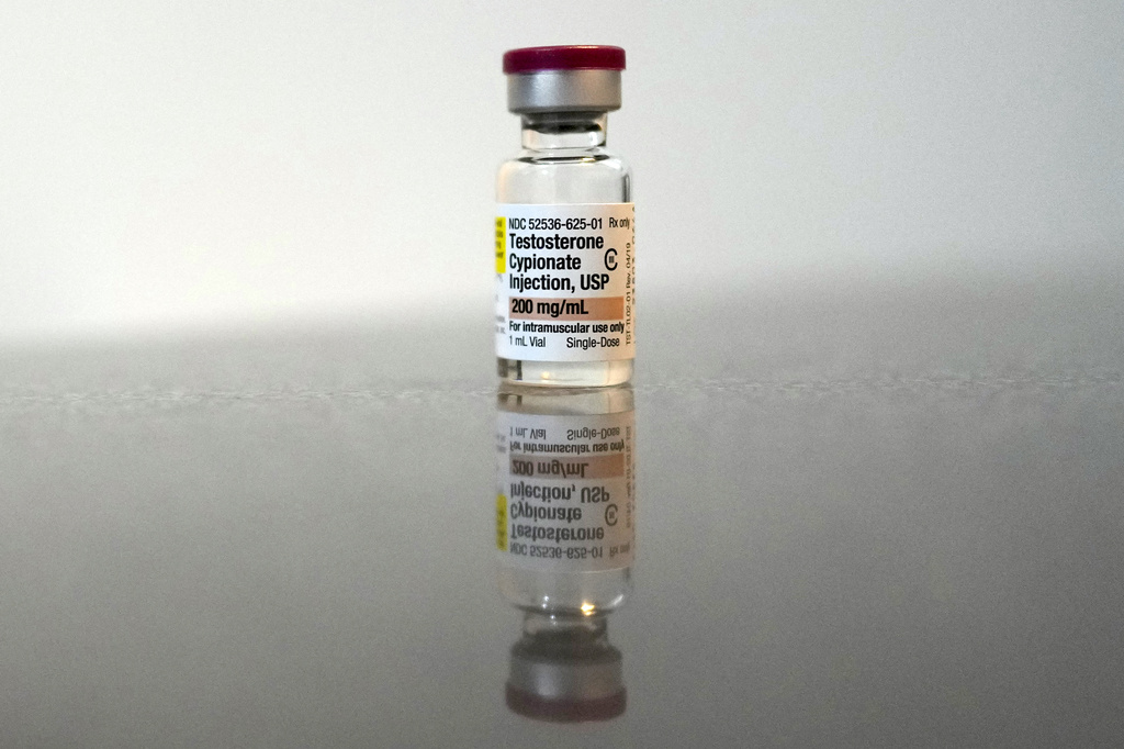 FILE - A vial of testosterone cypionate in Columbus, Ohio, on Jan. 18, 2024. 
