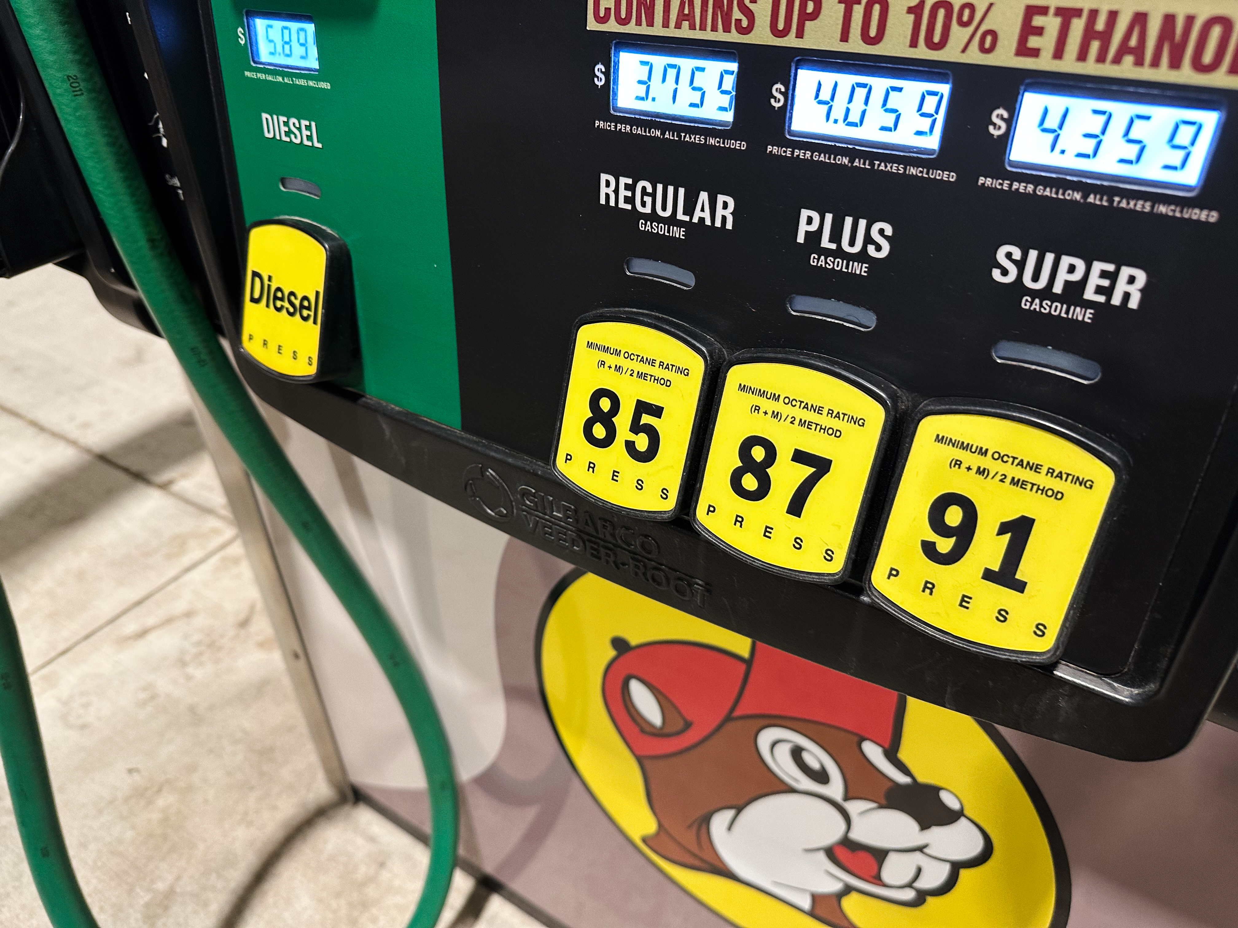 The per-gallon price for the various grades of gasoline available is displayed elecronically on a pump at a Buc-ee's station Monday, Oct. 12, 2026, in Johnstown, Colo.