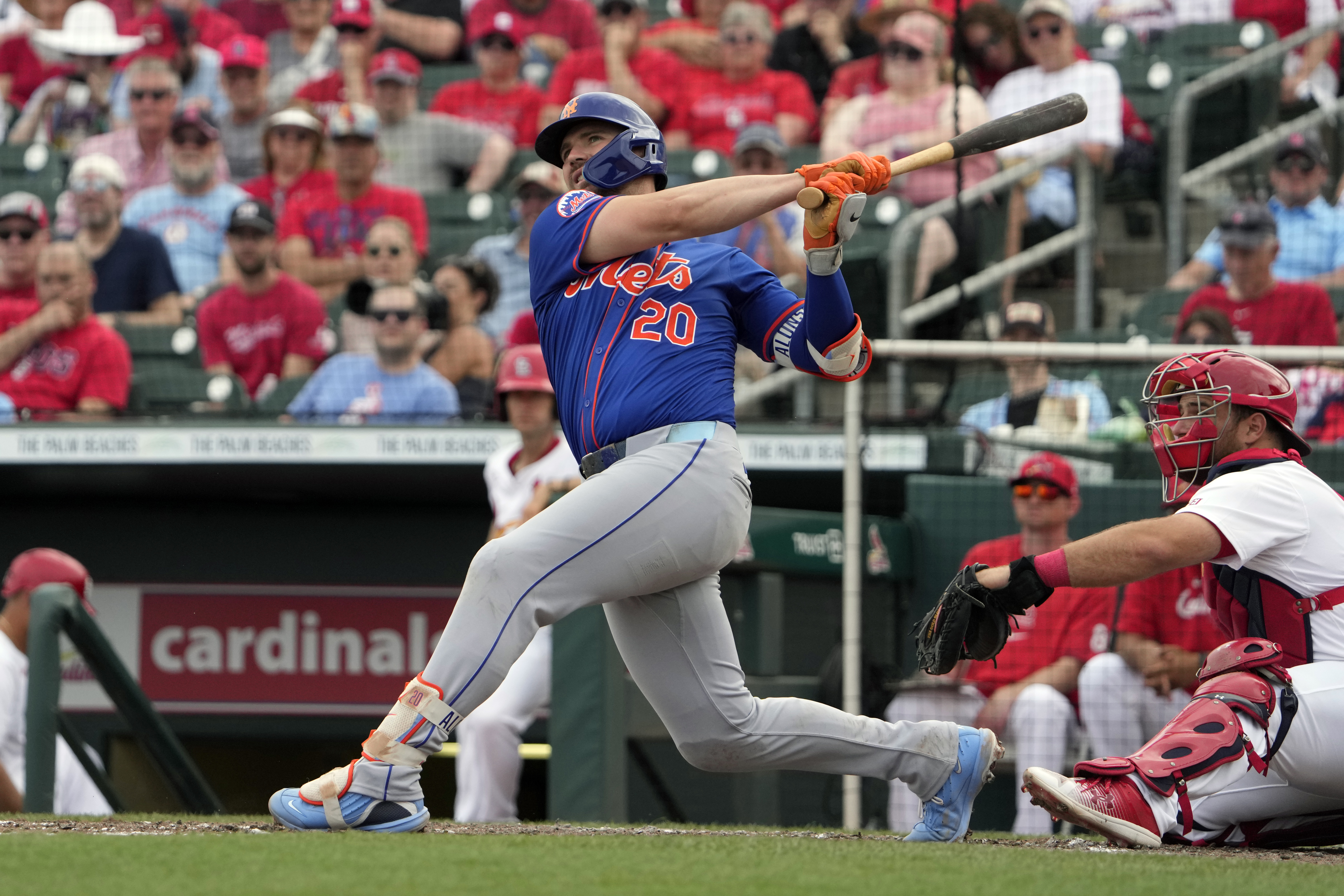 New York Mets first baseman Pete Alonso fouls off pitch during sixth inning of spring training game at St. Louis Cardinals, March 1, 2024