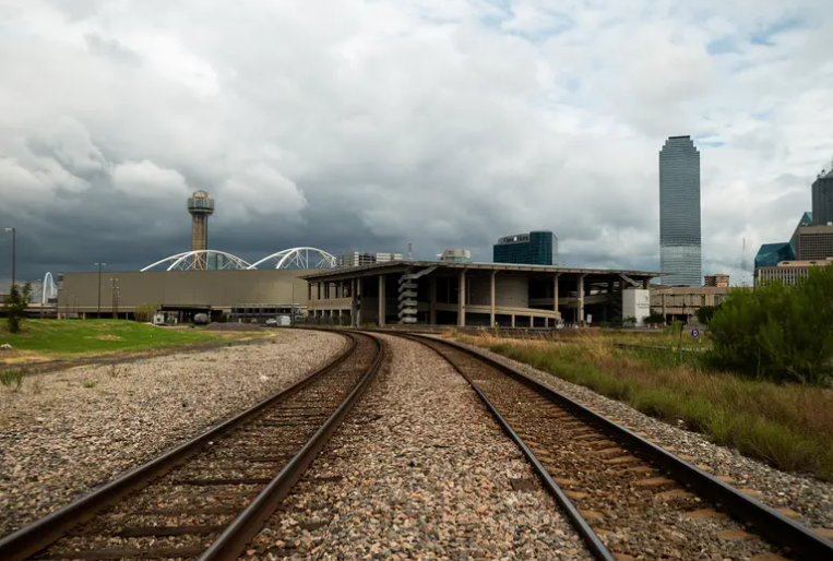 Railroad tracks near a proposed high-speed rail terminus on the outskirts of downtown Dallas. The Trump administration canceled a federal grant to have been used to plan the Texas high-speed rail line.