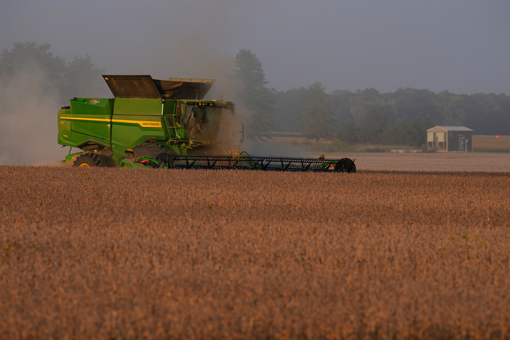Soybeans are harvested on the Warpup Farm in Warren, Ind.