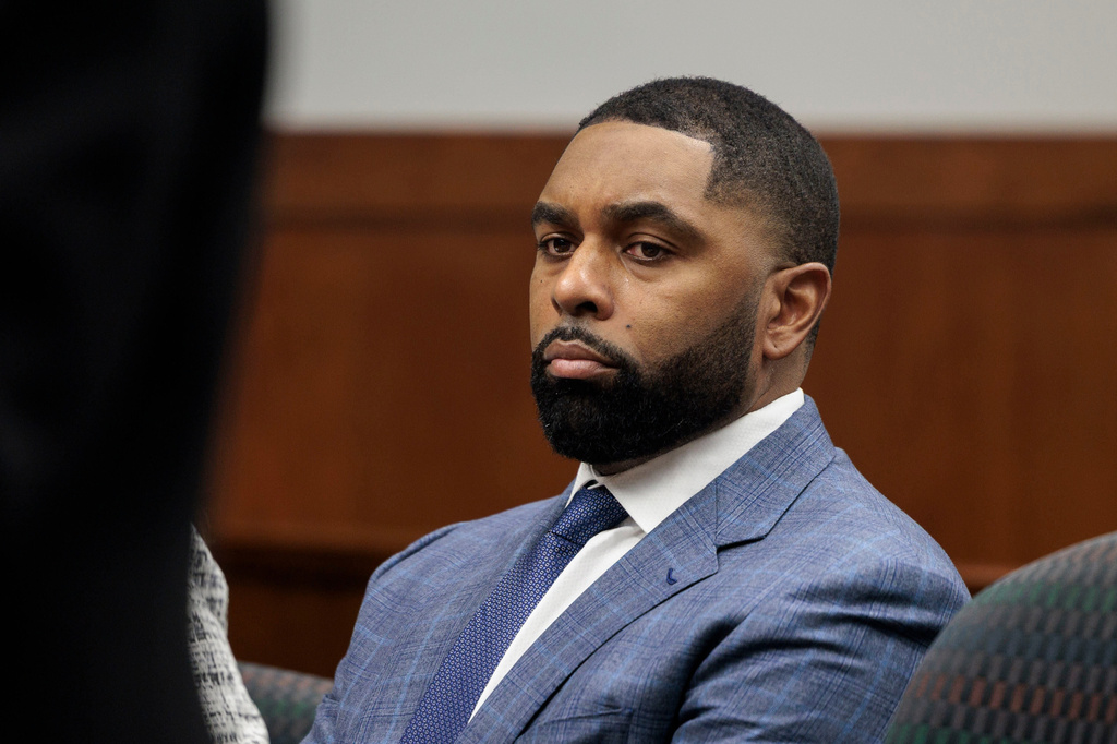 Former Michigan football coach Sherrone Moore appears in court in Pittsfield Township, Mich., Tuesday, Feb. 17 2026.