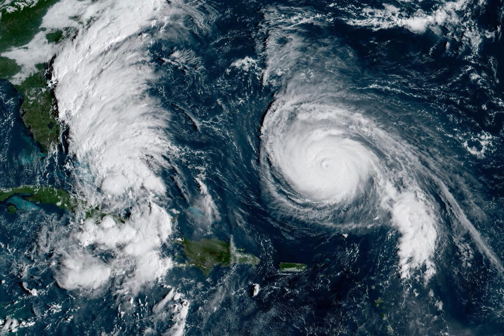 This GOES-19 GeoColor satellite image taken Sunday, Sept. 28, 2025 and provided by NOAA, shows weather systems in the tropical Atlantic Ocean.