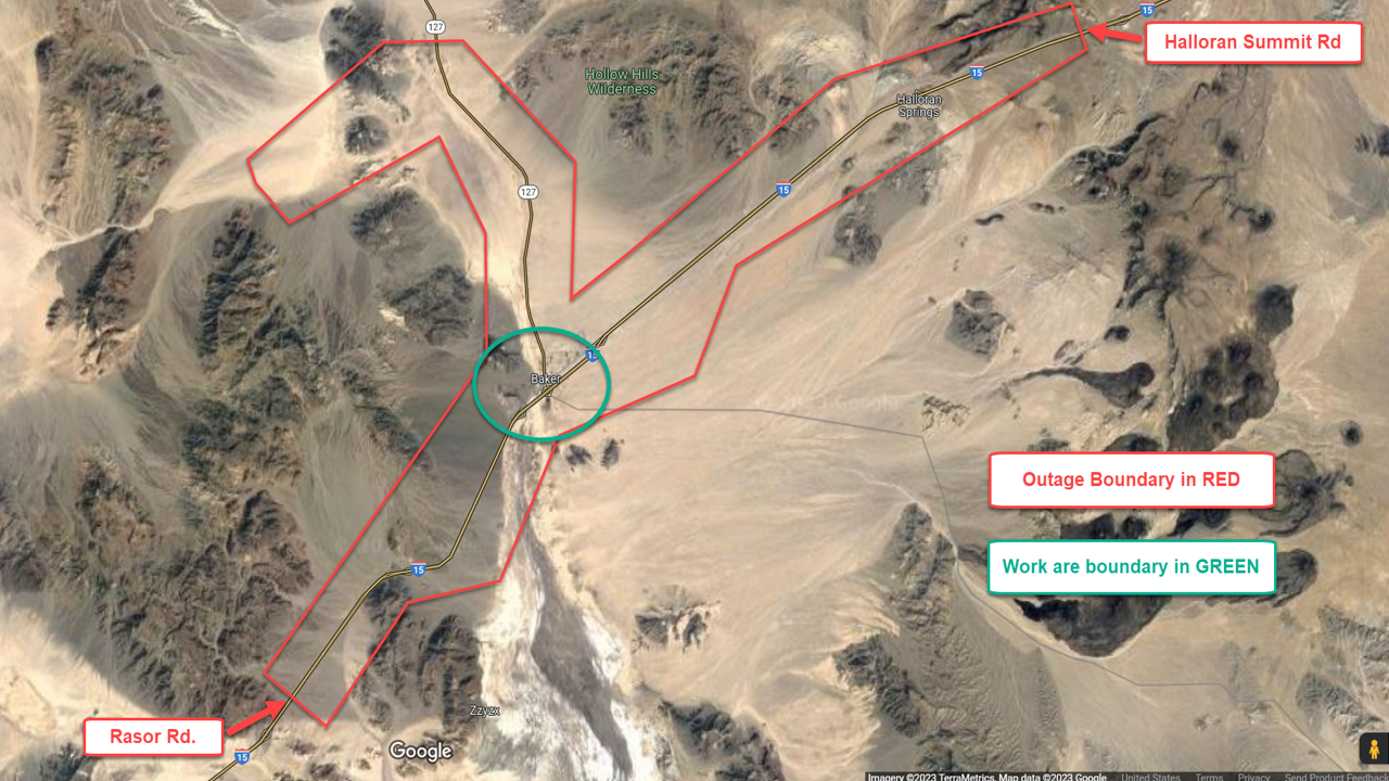 Planned Power Outage on I-15 near Baker, Calif.