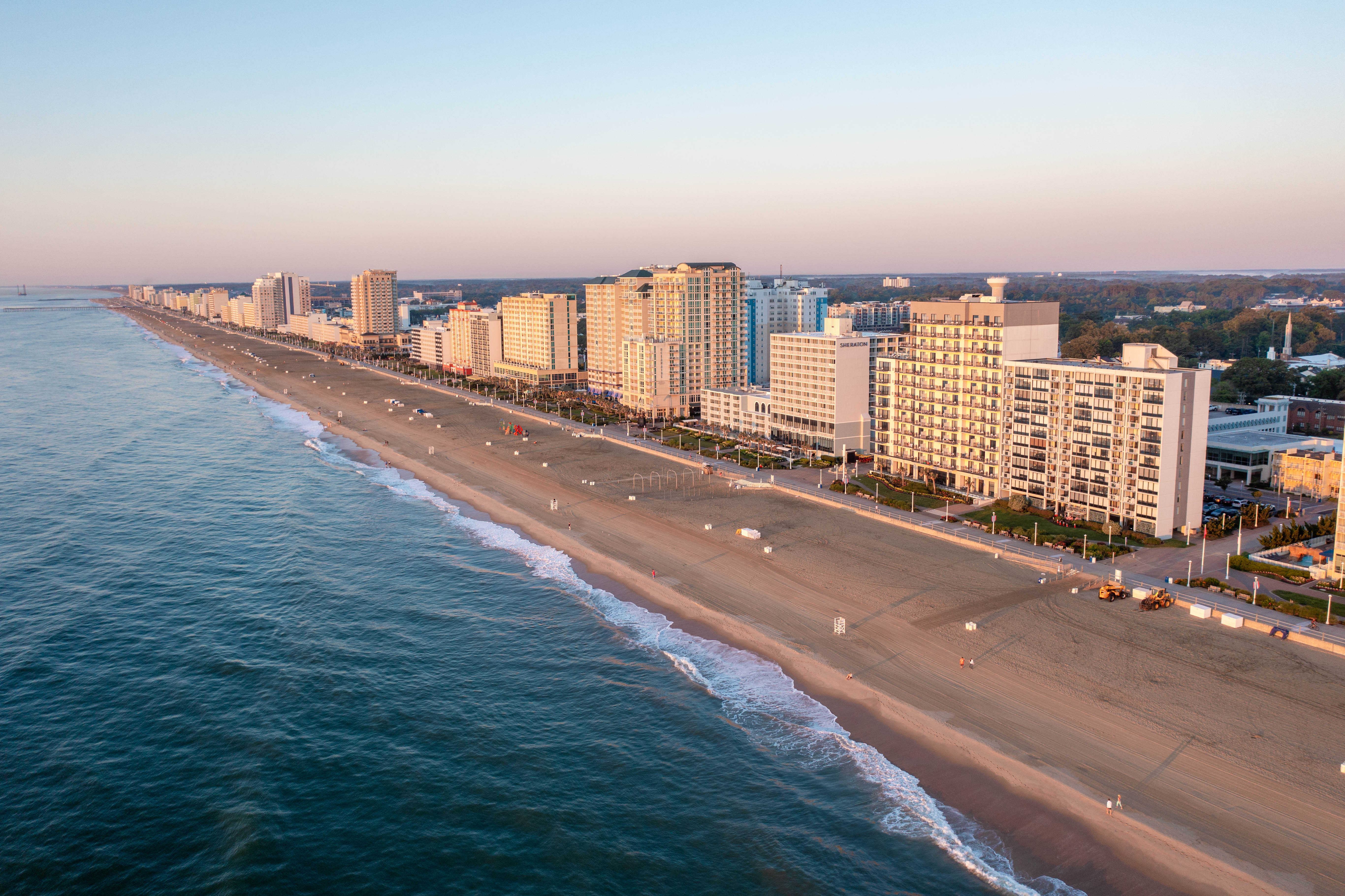 Aerial View of the The Virginia Beach Oceanfront Boardwalk and Hotels at Sunrise