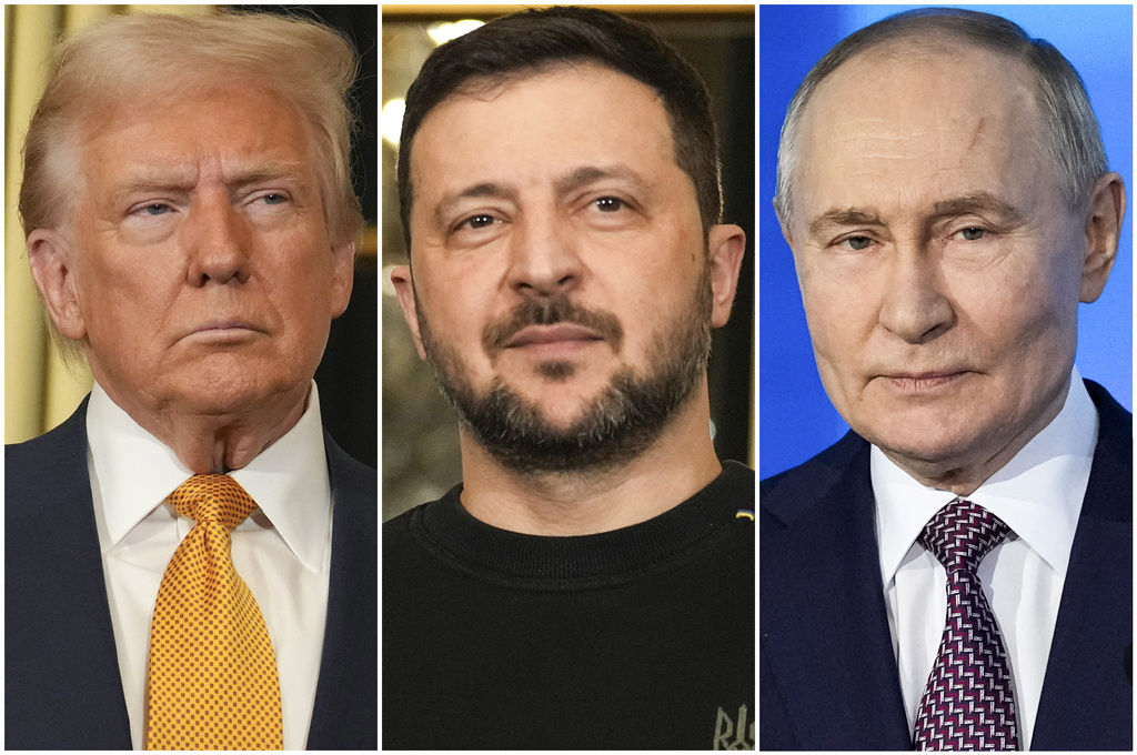 This combination of photos shows U.S. President Donald Trump, left, Ukrainian President Volodymyr Zelenskyy, center, and Russian President Vladimir Putin, right.