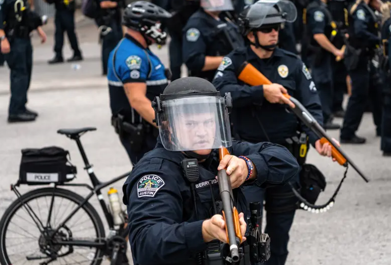 Austin Police officer Justin Berry during a protest in front of Austin City Hall on May 31, 2020. His actions led most Democrats in the state Senate to oppose his nomination to a state board.