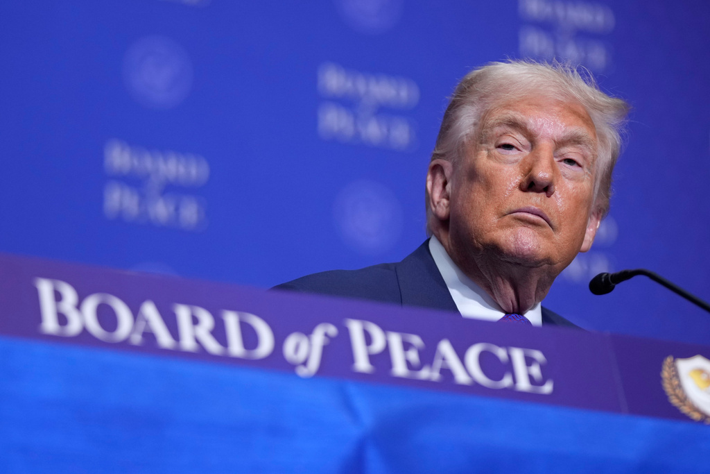 President Donald Trumpl listens during a Board of Peace meeting at the U.S. Institute of Peace, Thursday, Feb. 19, 2026, in Washington.
