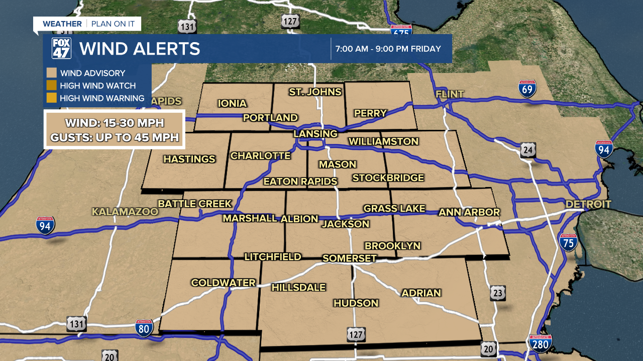 Wind Advisory in effect through 9 PM Friday as strong winds could knock out power and limit visibility as we track returning snow