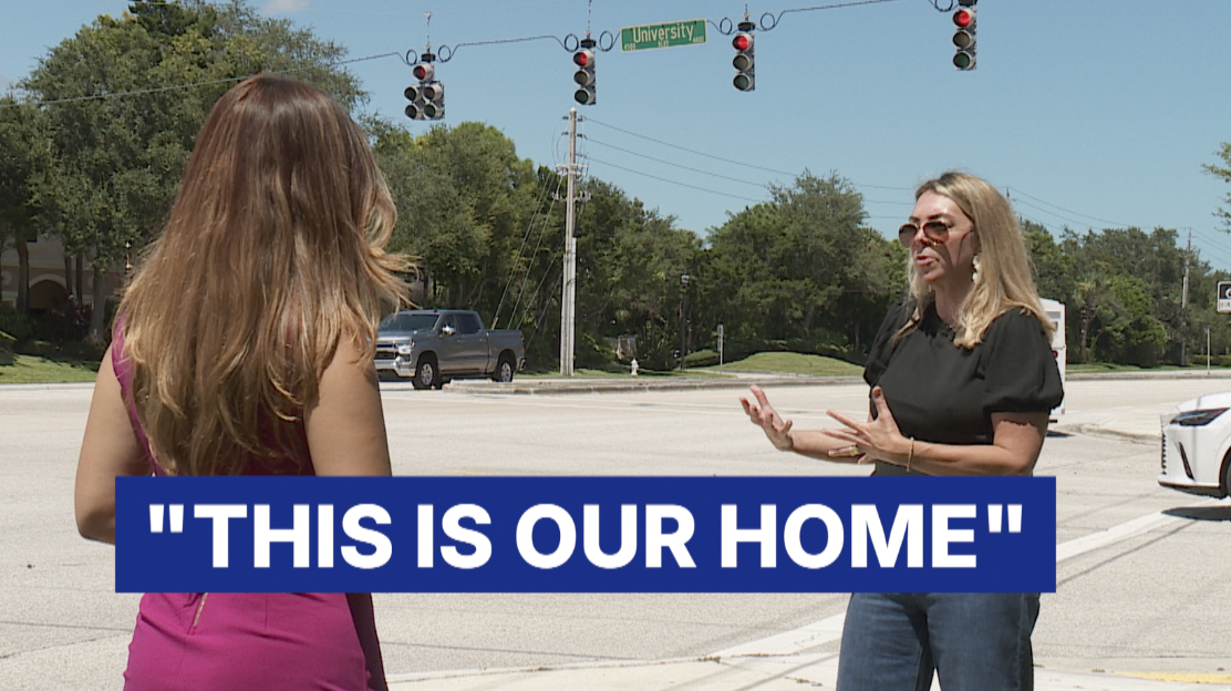 WPTV's Samantha connecting with Susan Tinsley at the intersection of Military Trail and University Blvd