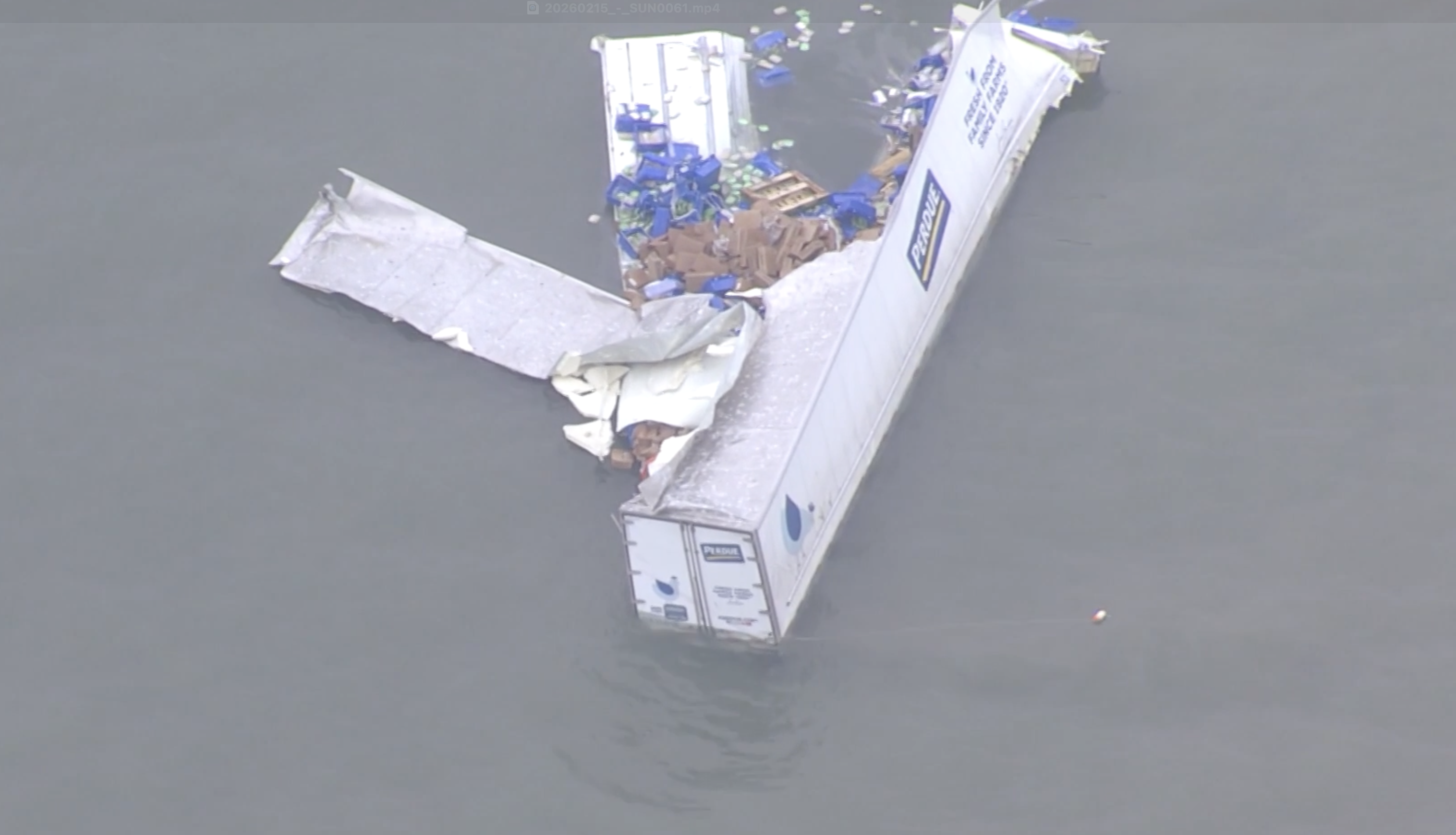 Aerial photo of Perdue truck after Chesapeake Bay Bridge Tunnel crash