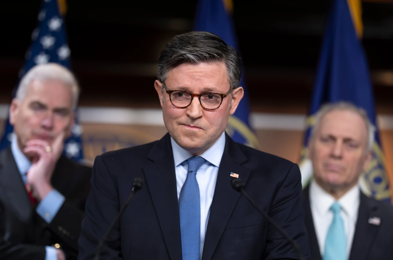 Speaker of the House Mike Johnson, R-La., meets with reporters as Republicans struggle with a plan to address growing health care costs, at the capitol in Washington, Tuesday, Dec. 16, 2025.