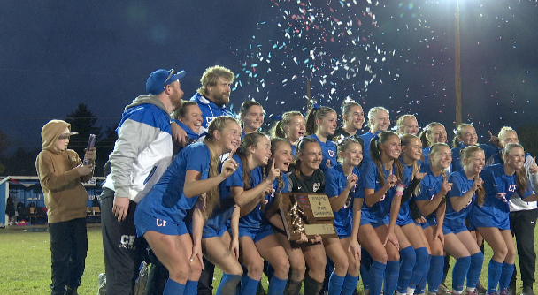 Columbia Falls Girls Soccer pose with 2025 State A Championship trophy, Columbia Falls