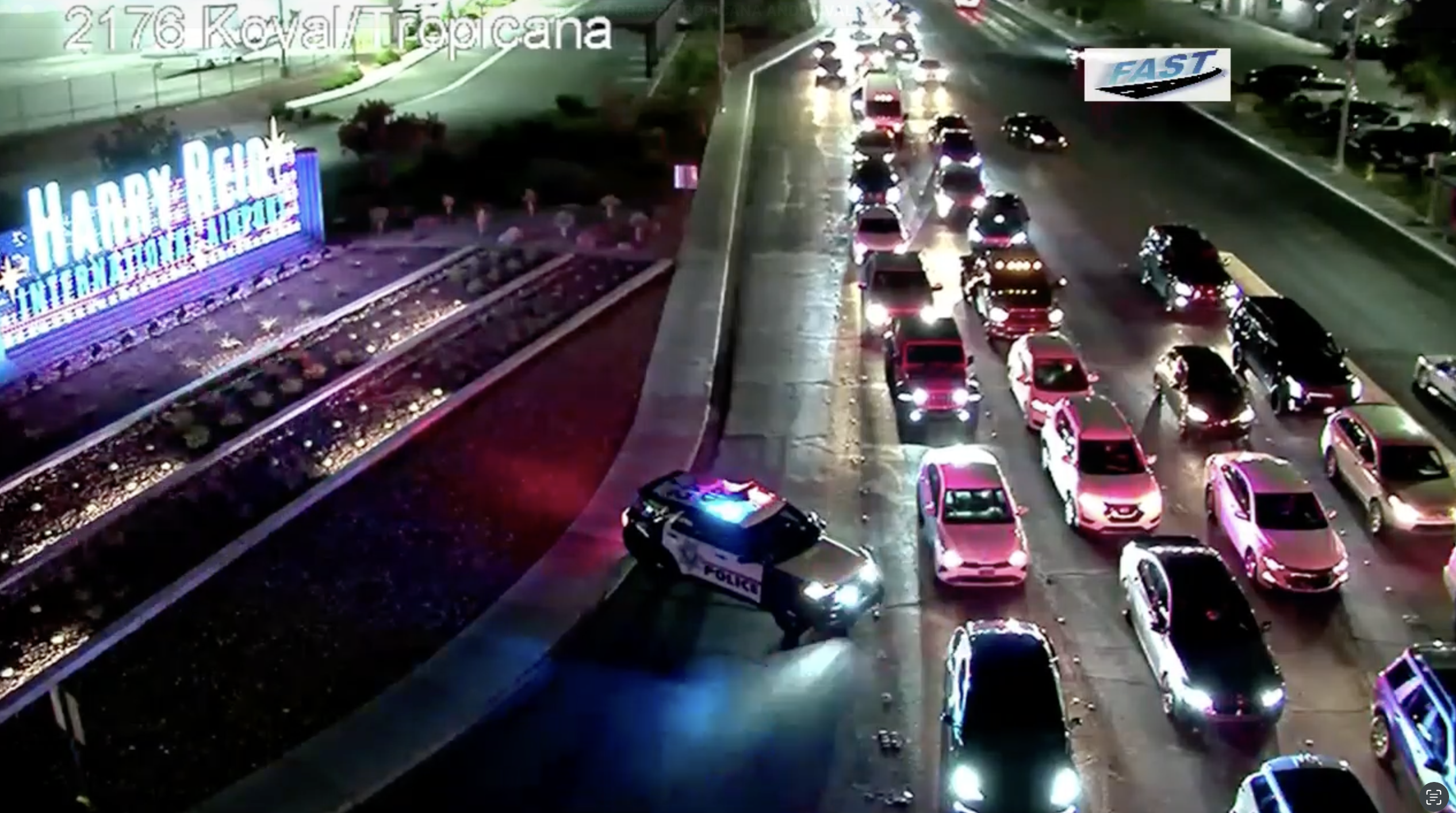 One hospitalized following crash near Harry Reid International Airport, all lanes blocked