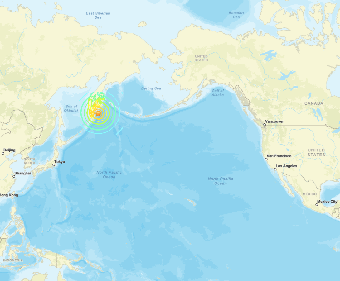 A map of an earthquake that struck on the morning of Wednesday, Jul 30, 2025, near Russia