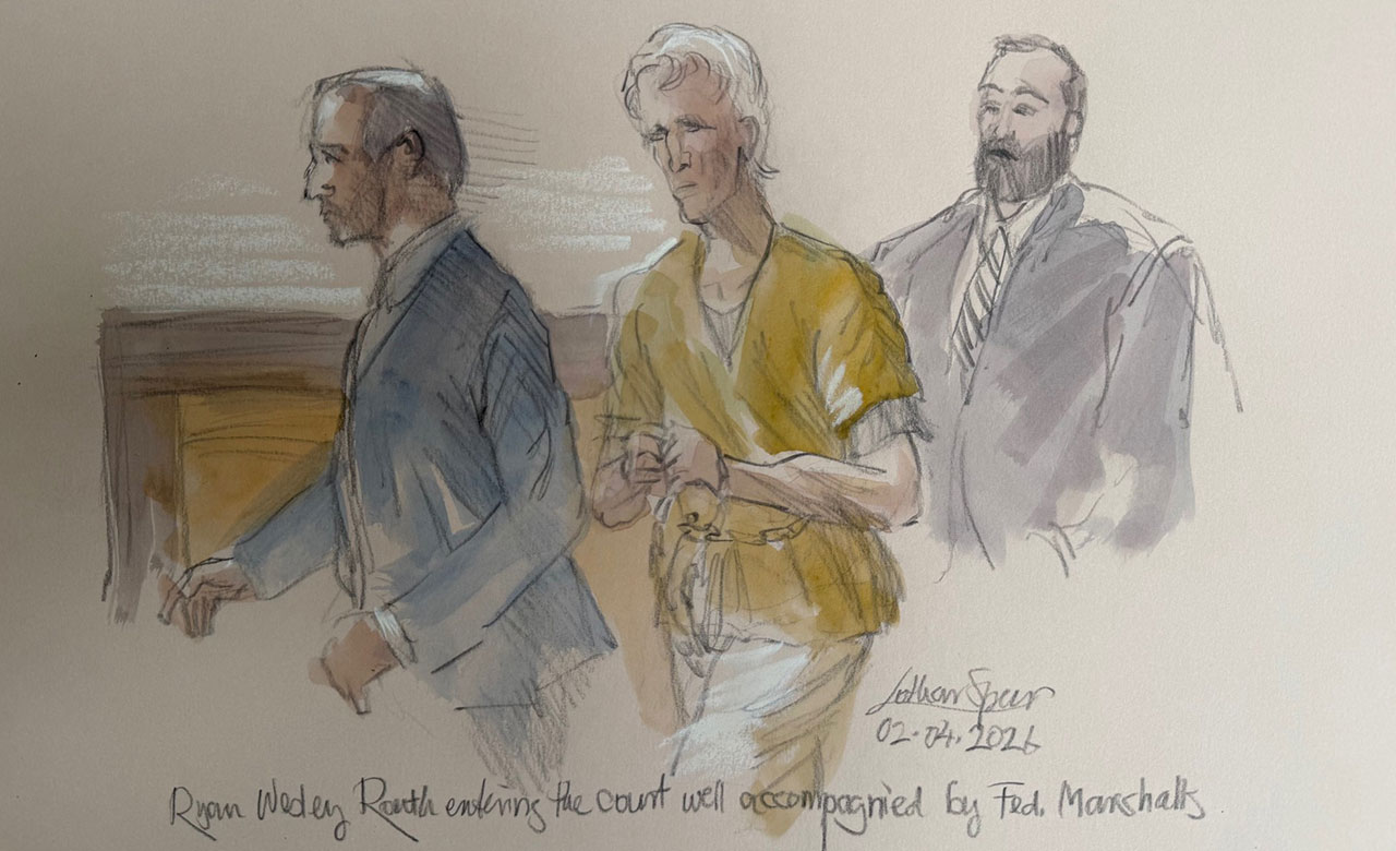 This courtroom sketch shows Ryan Routh in a Fort Pierce, Florida, federal courtroom for sentencing on Feb. 4, 2026. 