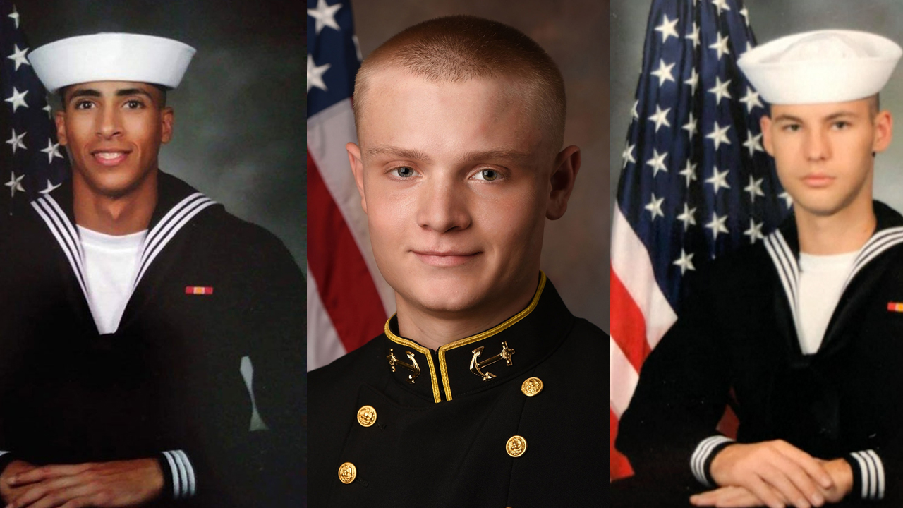 (left to right) Airman Mohammed Sameh Haitham, 19, of St. Petersburg, Florida; Ensign Joshua Kaleb Watson, 23, from Enterprise, Alabama; Airman Apprentice Cameron Scott Walters, 21, of Richmond Hill, Georgia