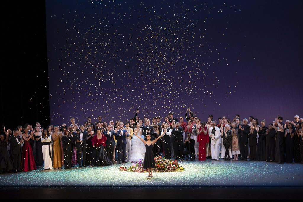 Dancer Misty Copeland, center, takes a bow during curtain calls at her retirement performance from American Ballet Theatre at the David H. Koch Theater at Lincoln Center, Wednesday, Oct. 22, 2025, in New York. 