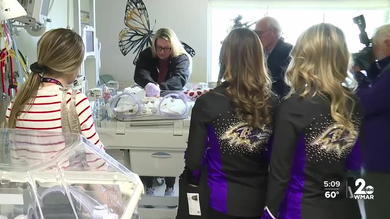 Baltimore Ravens mascot Poe welcomes newborns at MedStar Harbor Hospital