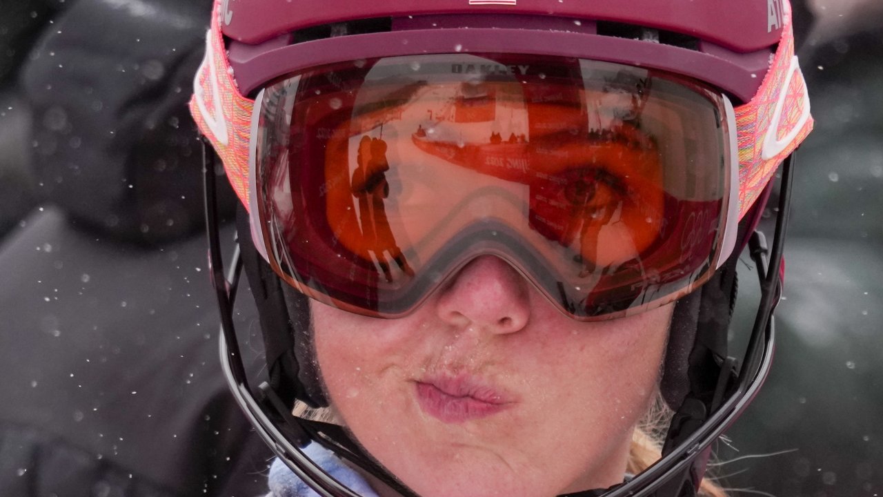 Mikaela Shiffrin, of the United States, gestures after falling in the women's combine slalom