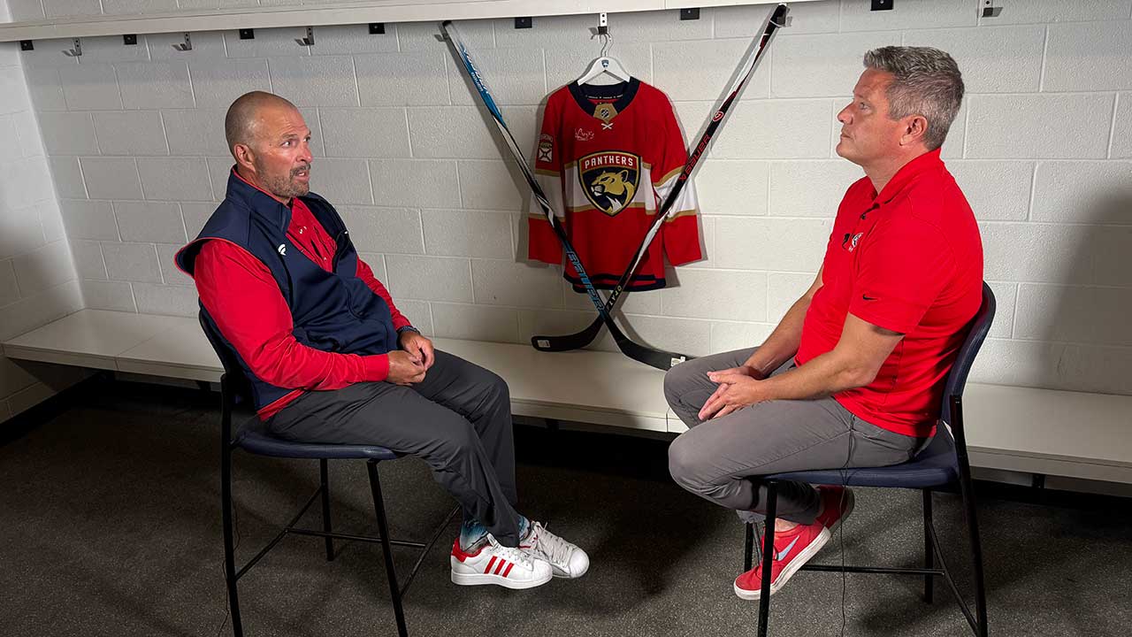 Florida Panthers General Manager Bill Zito speaks with WPTV anchor and Panthers 360 host Mike Trim at the Baptist Health IcePlex in Fort Lauderdale, Florida.