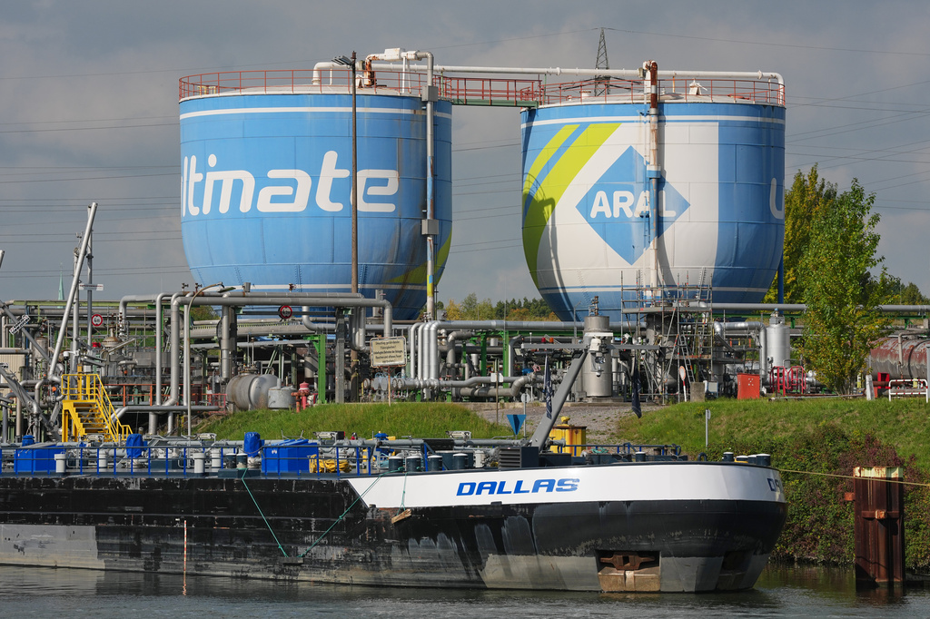 A tanker is moored at a tank farm at the Klesch oil refinery (formerly BP) where diesel, gasoline and heating oil are produced in Gelsenkirchen, Germany, Friday, Oct. 2, 2026. 